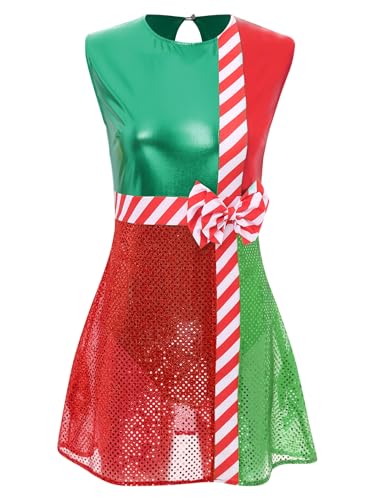 Kvysinly Damen Metallic Glänzend Pailletten Weihnachtskleid mit Safe Briefs Ärmellos Schleife Tanzkleid Zuckerstange Kostüm Weihnachts Outfit Grün S von Kvysinly