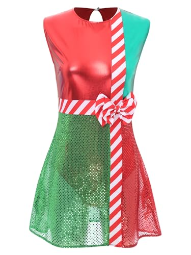 Kvysinly Damen Metallic Glänzend Pailletten Weihnachtskleid mit Safe Briefs Ärmellos Schleife Tanzkleid Zuckerstange Kostüm Weihnachts Outfit Rot S von Kvysinly