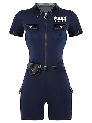 Kvysinly Damen Polizei Kostüm Polizistin Cosplay Outfit Kurzarm Bodysuti Jumpsuit Overall + Gürtel + Geldbörse Cop Outfit Halloween Kostüm Karneval Party Navy blau 3XL von Kvysinly