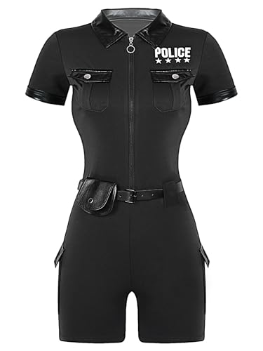 Kvysinly Damen Polizei Kostüm Polizistin Cosplay Outfit Kurzarm Bodysuti Jumpsuit Overall + Gürtel + Geldbörse Cop Outfit Halloween Kostüm Karneval Party Schwarz 3XL von Kvysinly