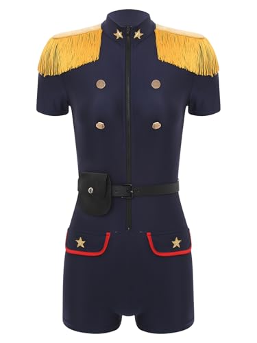 Kvysinly Damen Polizei Kostüm Polizistin Uniform Kurz Jumpsuit Overall + Gürtel + Geldbörse Polizei Cosplay Outfit Halloween Karneval Fasching Party Navy blau L von Kvysinly