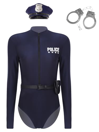 Kvysinly Damen Polizei Kostüm Polizistin Uniform Langarm Bodysuit Jumpsuit Overall mit Gürtel Geldbörse 5-teilig Polizei Outfit Halloween Fasching Kostüm Navy blau 3XL von Kvysinly