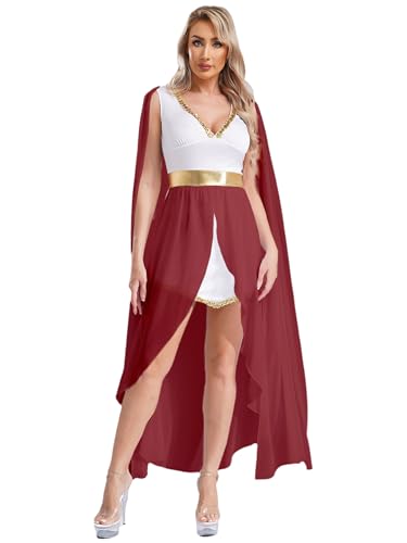 Kvysinly Damen Römische Göttin Griechische Halloween Kostüm Ärmellos Antike Toga Eldes Kleid Partykleid Karneval Outfit Burgundy S von Kvysinly