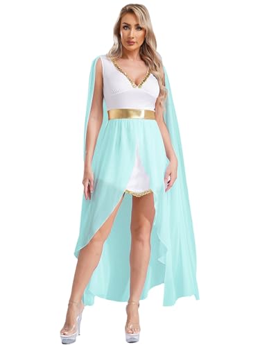 Kvysinly Damen Römische Göttin Griechische Halloween Kostüm Ärmellos Antike Toga Eldes Kleid Partykleid Karneval Outfit Hellblau XXL von Kvysinly