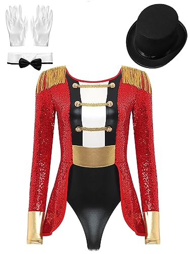 Kvysinly Damen Zirkus Kostüm Langarm Pailletten Body Stringbody Fransen Glitzer Zirkus Body mit Krawatt Hut Handschuhe Halloween Ringmaster Kostüm Rot 3XL von Kvysinly