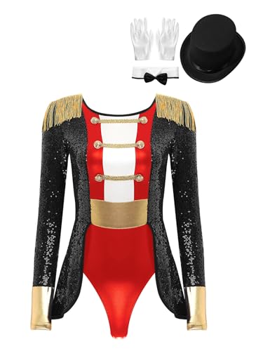 Kvysinly Damen Zirkus Kostüm Langarm Pailletten Body Stringbody Fransen Glitzer Zirkus Body mit Krawatt Hut Handschuhe Halloween Ringmaster Kostüm Schwarz 3XL von Kvysinly