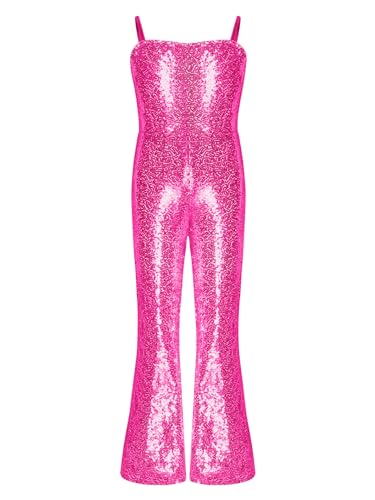 Kvysinly Glänzende Mädchen Jumpsuit Overall Bell Bottom Pailletten Tanzkostüm Halloween Weihnachten Kostüm Party Cosplay Hot Pink 110-116 von Kvysinly