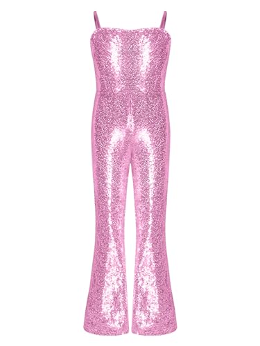 Kvysinly Glänzende Mädchen Jumpsuit Overall Bell Bottom Pailletten Tanzkostüm Halloween Weihnachten Kostüm Party Cosplay Rosa 110-116 von Kvysinly