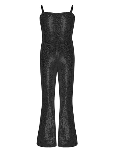 Kvysinly Glänzende Mädchen Jumpsuit Overall Bell Bottom Pailletten Tanzkostüm Halloween Weihnachten Kostüm Party Cosplay Schwarz 158-164 von Kvysinly