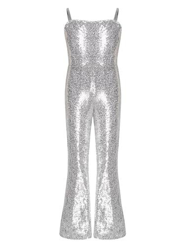 Kvysinly Glänzende Mädchen Jumpsuit Overall Bell Bottom Pailletten Tanzkostüm Halloween Weihnachten Kostüm Party Cosplay Silber 146-152 von Kvysinly