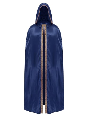 Kvysinly Halloween Kostüm Herren Umhang Satin Glänzend Kapuzenumhang Lange Cape Gothic Umhang Robe Vampir Kostüm Hexenkostüm Karneval Fasching Party Navyblau L von Kvysinly