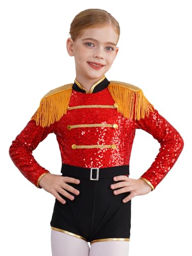 Kvysinly Halloween Kostüm Kinder Mädchen Zirkus Bodysuit Pailletten Jumpsuit Kurz Overall Zirkusdirektor Kostüm Dompteur Cosplay Outfit Rot 122-128 von Kvysinly