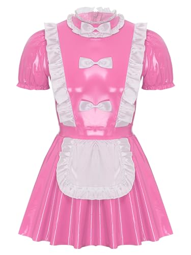 Kvysinly Herren Dienstmädchen Kostüm Lackleder Sissy Kleid Kurzarm French Maid UniformCosplay Halloween Outfits Rosa 3XL von Kvysinly