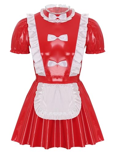 Kvysinly Herren Dienstmädchen Kostüm Lackleder Sissy Kleid Kurzarm French Maid UniformCosplay Halloween Outfits Rot 4XL von Kvysinly