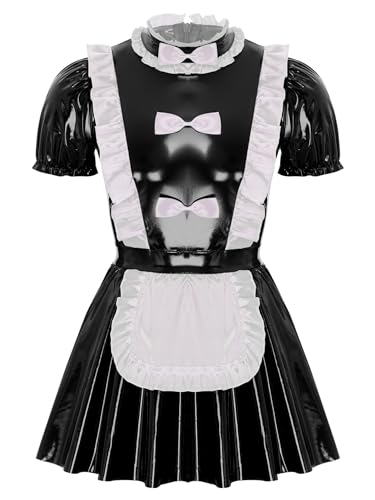 Kvysinly Herren Dienstmädchen Kostüm Lackleder Sissy Kleid Kurzarm French Maid UniformCosplay Halloween Outfits Schwarz 4XL von Kvysinly