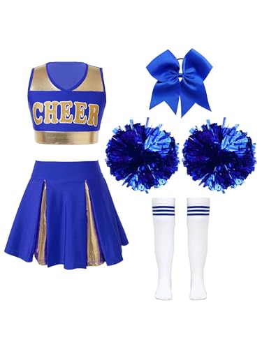 Kvysinly Kinder Cheer Leader Kostüm Mädchen Cheerleadering Uniform Glitzer Crop Top Tanzrock mit Pompoms Haarband Socken Karneval Fasching Tanzkostüm A Blau 110-116 von Kvysinly