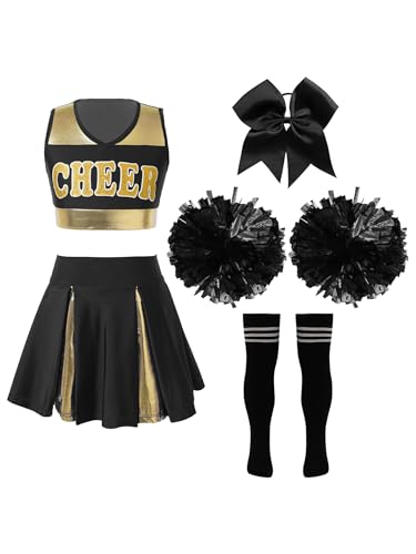 Kvysinly Kinder Cheer Leader Kostüm Mädchen Cheerleadering Uniform Glitzer Crop Top Tanzrock mit Pompoms Haarband Socken Karneval Fasching Tanzkostüm A Schwarz 110-116 von Kvysinly