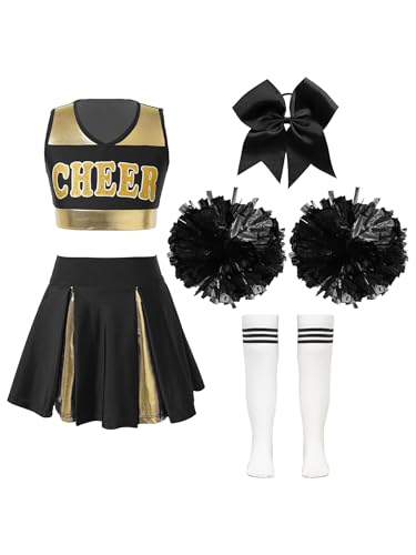 Kvysinly Kinder Cheer Leader Kostüm Mädchen Cheerleadering Uniform Glitzer Crop Top Tanzrock mit Pompoms Haarband Socken Karneval Fasching Tanzkostüm A Weißschwarz 110-116 von Kvysinly