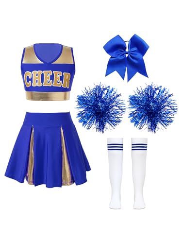 Kvysinly Kinder Cheer Leader Kostüm Mädchen Cheerleadering Uniform Glitzer Crop Top Tanzrock mit Pompoms Haarband Socken Karneval Fasching Tanzkostüm B Blau 122-128 von Kvysinly