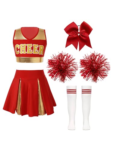 Kvysinly Kinder Cheer Leader Kostüm Mädchen Cheerleadering Uniform Glitzer Crop Top Tanzrock mit Pompoms Haarband Socken Karneval Fasching Tanzkostüm B Rot 110-116 von Kvysinly