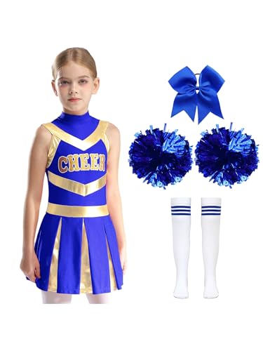 Kvysinly Kinder Mädchen Cheer Leader Kostüm Ärmellos Tanzkleid Sport Kleid Faltenkleid + Pompoms Cheerleadering Uniform Halloween Fasching Kostüm A Blau 122-128 von Kvysinly