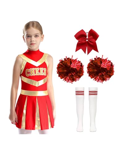 Kvysinly Kinder Mädchen Cheer Leader Kostüm Ärmellos Tanzkleid Sport Kleid Faltenkleid + Pompoms Cheerleadering Uniform Halloween Fasching Kostüm A Rot 110-116 von Kvysinly