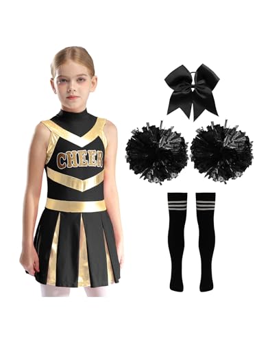 Kvysinly Kinder Mädchen Cheer Leader Kostüm Ärmellos Tanzkleid Sport Kleid Faltenkleid + Pompoms Cheerleadering Uniform Halloween Fasching Kostüm A Schwarz 110-116 von Kvysinly