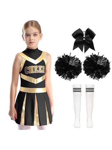 Kvysinly Kinder Mädchen Cheer Leader Kostüm Ärmellos Tanzkleid Sport Kleid Faltenkleid + Pompoms Cheerleadering Uniform Halloween Fasching Kostüm A Weißschwarz 110-116 von Kvysinly