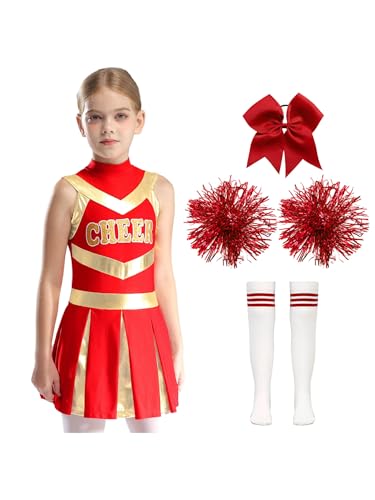 Kvysinly Kinder Mädchen Cheer Leader Kostüm Ärmellos Tanzkleid Sport Kleid Faltenkleid + Pompoms Cheerleadering Uniform Halloween Fasching Kostüm B Rot 110-116 von Kvysinly