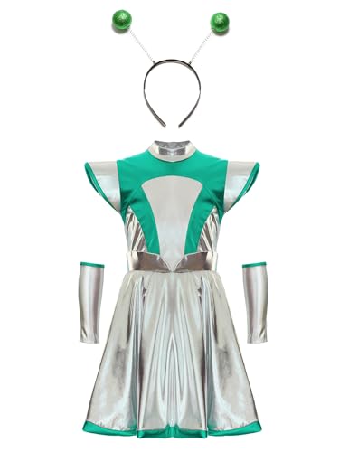 Kvysinly Mädchen Alien Kostüm Metallic Kleid Holographic Spacegirl Kostüm Minikleid + Haarband + Handschuhe Halloween Tanz Kostüm Fasching Rave Party Grün 122-128 von Kvysinly