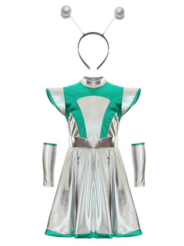 Kvysinly Mädchen Alien Kostüm Metallic Kleid Holographic Spacegirl Kostüm Minikleid + Haarband + Handschuhe Halloween Tanz Kostüm Fasching Rave Party Grün Silber 122-128 von Kvysinly