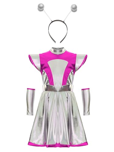 Kvysinly Mädchen Alien Kostüm Metallic Kleid Holographic Spacegirl Kostüm Minikleid + Haarband + Handschuhe Halloween Tanz Kostüm Fasching Rave Party Rosa 110-116 von Kvysinly