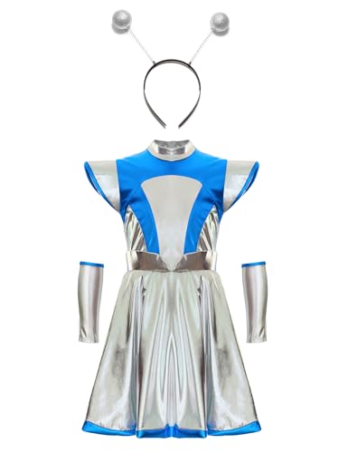 Kvysinly Mädchen Alien Kostüm Metallic Kleid Holographic Spacegirl Kostüm Minikleid + Haarband + Handschuhe Halloween Tanz Kostüm Fasching Rave Party Silber 110-116 von Kvysinly