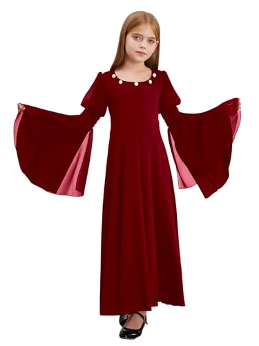 Kvysinly Mädchen Mittelalter Kleidung Langarm Mittelalterliches Kleid Trompetenärmel Renaissance Kleid Viktorianischen Prinzessin Kleid Halloween Kostüm Burgundy 110-116 von Kvysinly