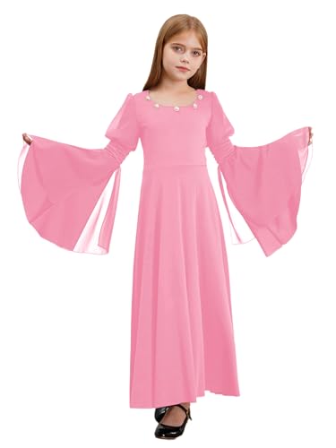 Kvysinly Mädchen Mittelalter Kleidung Langarm Mittelalterliches Kleid Trompetenärmel Renaissance Kleid Viktorianischen Prinzessin Kleid Halloween Kostüm Rosa 110-116 von Kvysinly