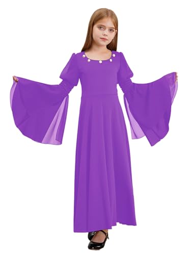 Kvysinly Mädchen Mittelalter Kleidung Langarm Mittelalterliches Kleid Trompetenärmel Renaissance Kleid Viktorianischen Prinzessin Kleid Halloween Kostüm Violett 158-164 von Kvysinly