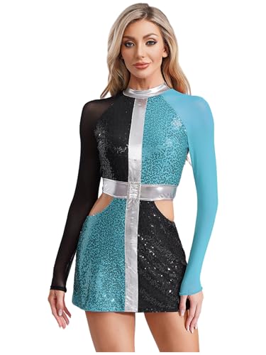 Kvysinly Swinging 60er Faschingskostüm Damen Pailletten Kleid Metallic Bodysuit Hollow Out Tanzkleid Halloween Clown Kostüm Clubwear Blau M von Kvysinly