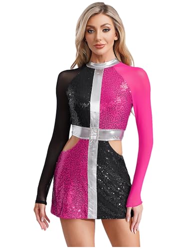 Kvysinly Swinging 60er Faschingskostüm Damen Pailletten Kleid Metallic Bodysuit Hollow Out Tanzkleid Halloween Clown Kostüm Clubwear Hot Pink S von Kvysinly