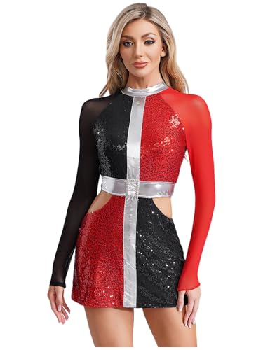 Kvysinly Swinging 60er Faschingskostüm Damen Pailletten Kleid Metallic Bodysuit Hollow Out Tanzkleid Halloween Clown Kostüm Clubwear Rot 4XL von Kvysinly