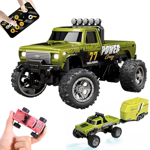 Kyduu Ferngesteuertes Auto, Monster Truck Spielzeug,Monstertruck 2.4GHz,1:64 Mini RC Monster Truck mit Anhänger Karosserielichter und Scheinwerfer,Crawler Spielzeug,Geschwindigkeit/Lenkung einstellbar von Kyduu