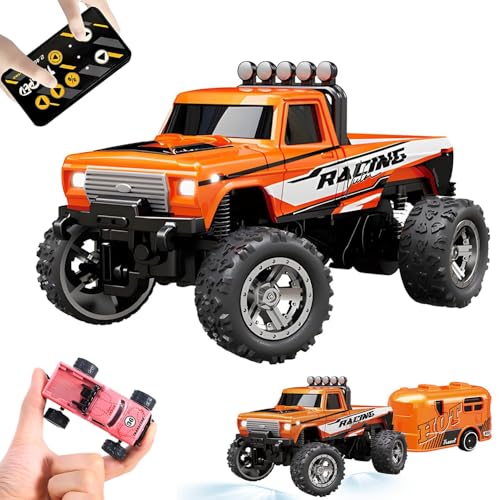 Kyduu Ferngesteuertes Auto, Monster Truck Spielzeug,Monstertruck 2.4GHz,1:64 Mini RC Monster Truck mit Anhänger Karosserielichter und Scheinwerfer,Crawler Spielzeug,Geschwindigkeit/Lenkung einstellbar von Kyduu