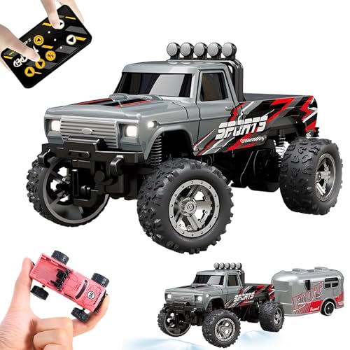 Kyduu Ferngesteuertes Auto, Monster Truck Spielzeug,Monstertruck 2.4GHz,1:64 Mini RC Monster Truck mit Anhänger Karosserielichter und Scheinwerfer,Crawler Spielzeug,Geschwindigkeit/Lenkung einstellbar von Kyduu