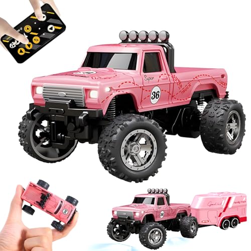 Kyduu Ferngesteuertes Auto, Monster Truck Spielzeug,Monstertruck 2.4GHz,1:64 Mini RC Monster Truck mit Anhänger Karosserielichter und Scheinwerfer,Crawler Spielzeug,Geschwindigkeit/Lenkung einstellbar von Kyduu