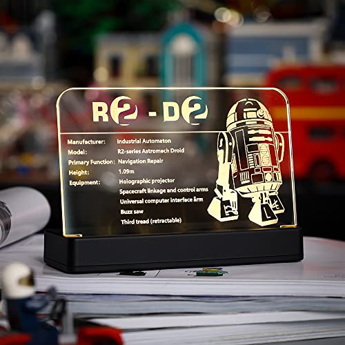 Kyglaring Leuchtendes klares Acryl-Namensschild mit Power-Basis, entworfen für LEGO Star Wars R2-D2 75308 Bauset Schild Display von Kyglaring