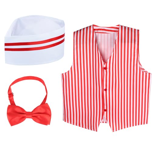 Kyson 1950er Jahre Kellner-Kostüm-Set Vintage Karneval Zirkus Outfit Soda Jerk Eis Hot Dog Man Kostüm mit Hut Weste Fliege (Set A) von Kyson