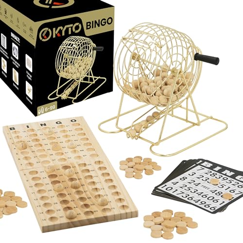 Großes Bingo Spiel Gold Metalltrommel 150 Chips, 75 Bingo Kugeln und Spielbrett aus Holz, 18 stabile Bingokarten + 500 Bingokarten Papier Erwachsene Kinder von Kyto