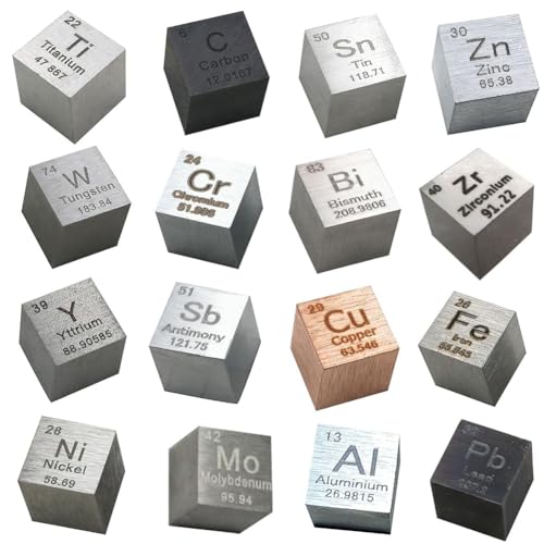 Kytxqikd Würfelset mit Metallelementen, Dichtewürfelset, Modellbausatz für Organische Chemie für die Sammlung Eines Periodensystems der Elemente (0,39/10 Mm), 16-Teilig von Kytxqikd