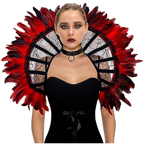 L'VOW Damen Gothic Queen Spitzenkragen Feder Umhang Stola Kragen Halloween Cosplay Kostüm Accessoire(Fe-Rot) von L'VOW