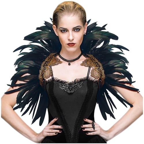 L'VOW Damen Natürlicher Feder poncho Capelet Schulterumhang mit Spitzen kragen Halloween Maleficent Achselzucken Schal Kostüme(Goldschwarz) von L'VOW