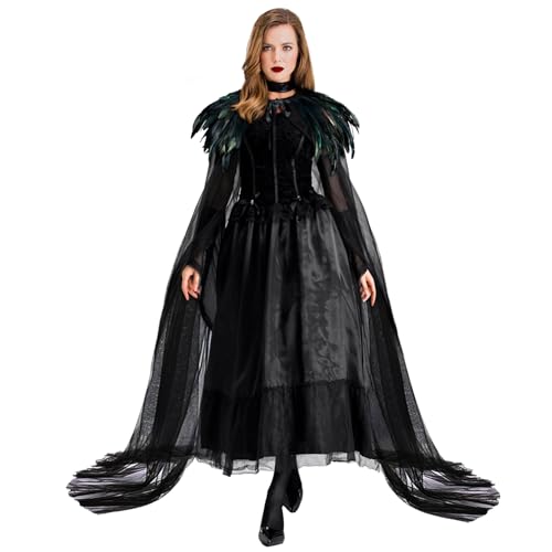 L'VOW Frauen Böse Königin Federkragen Umhang Vampir Cape Hexe Cosplay Kostüm(Schwarz) von L'VOW